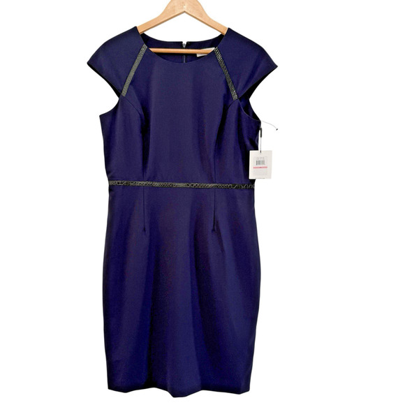 Calvin Klein Cap Sleeve Faux Leather Trim Sheath Dress Sz 10 Indigo Work Career - Picture 2 of 10